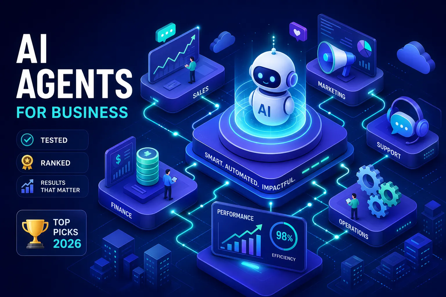 Isometric illustration of AI agents connected to business departments — sales, marketing, support, operations, finance — with tested, ranked, and results-focused messaging